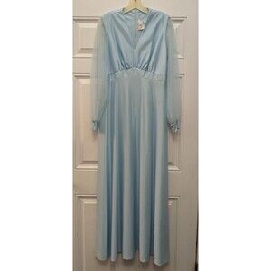 1960-1970 Vintage Blue J.C. Penny V-Neck Sheer Sleeve Long Dress Gown Fashion